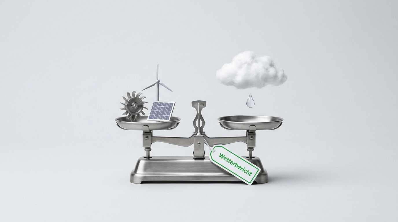Waage mit Energiemodellen, Wolke und Etikett „Wetterbericht“