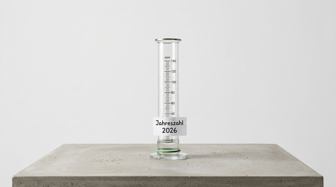 Ein Messzylinder auf Beton mit einem Etikett, das „Jahreszahl 2026“ anzeigt