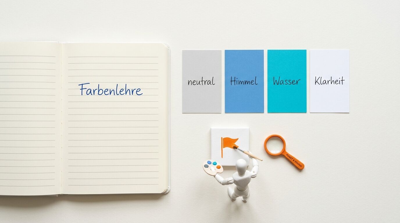 Flachbildkomposition zur Farbenlehre mit Notizbuch, Farbkarten, Puppe und Utensilien