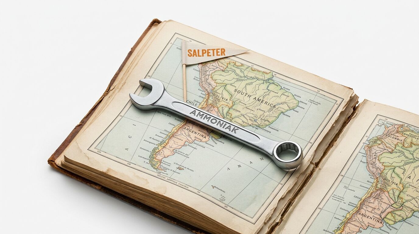 Ein offener Atlas mit einer Karte von Südamerika, einem Gabelschlüssel mit der Gravur „Ammoniak“ und einem Fähnchen mit der Aufschrift „Salpeter“