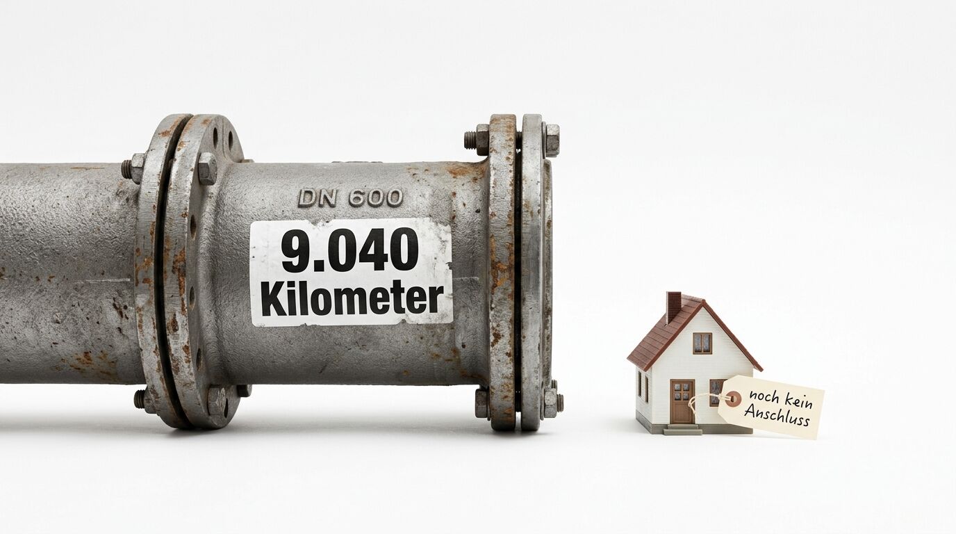 Ein Rohrstück mit Längenangabe neben einem Modellhaus mit dem Text