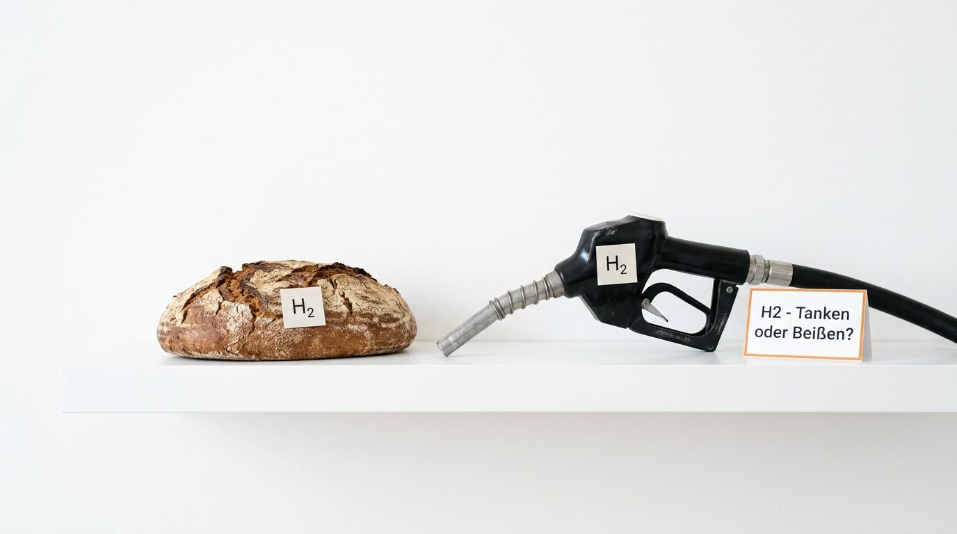 Brot und Zapfpistole mit „H₂“-Labels sowie Textkarte „H₂ - Tanken oder Beißen?“ auf Regal
