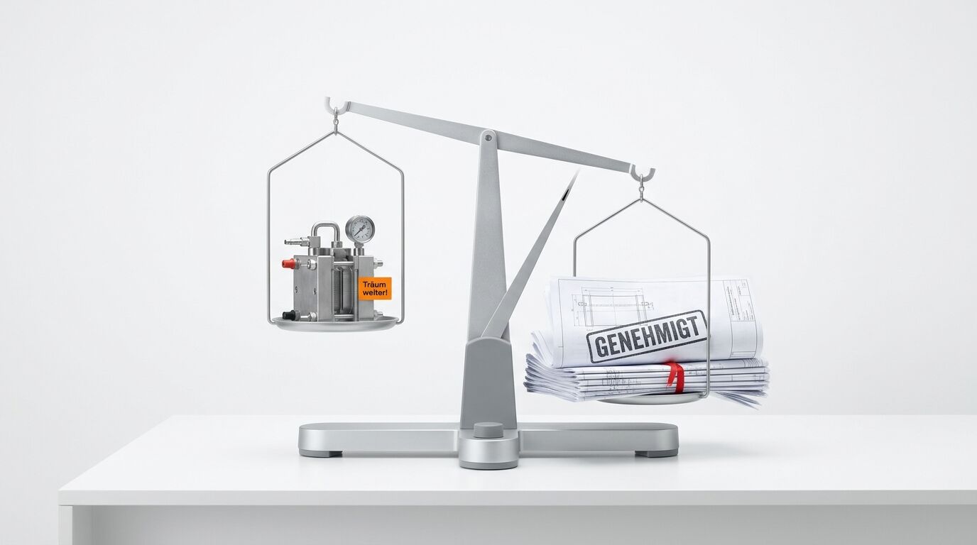 Waage mit Messgerät und Notiz links sowie Aktenstapel und „GENEHMIGT“-Stempel rechts