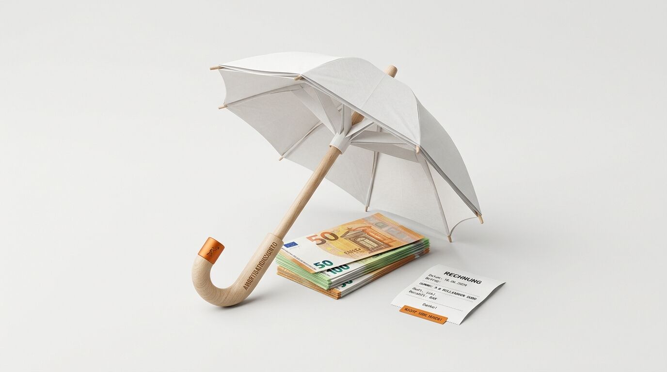 Weißer Regenschirm mit Holzgriff über Euro-Banknotenstapel und Kassenbon