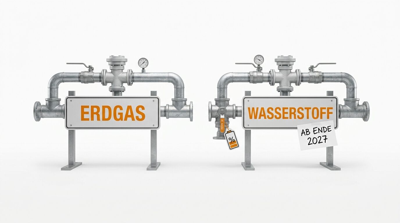 Zwei Rohrleitungssysteme, beschriftet mit „ERDGAS“ und „WASSERSTOFF“, stehen nebeneinander