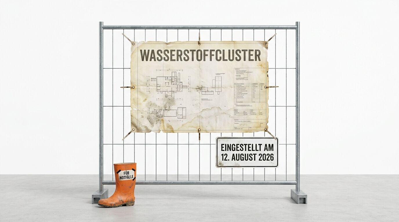 Bauzaun mit Plan „WASSERSTOFFCLUSTER“, Schild „EINGESTELLT AM 12. AUGUST 2026“ und Gummistiefel