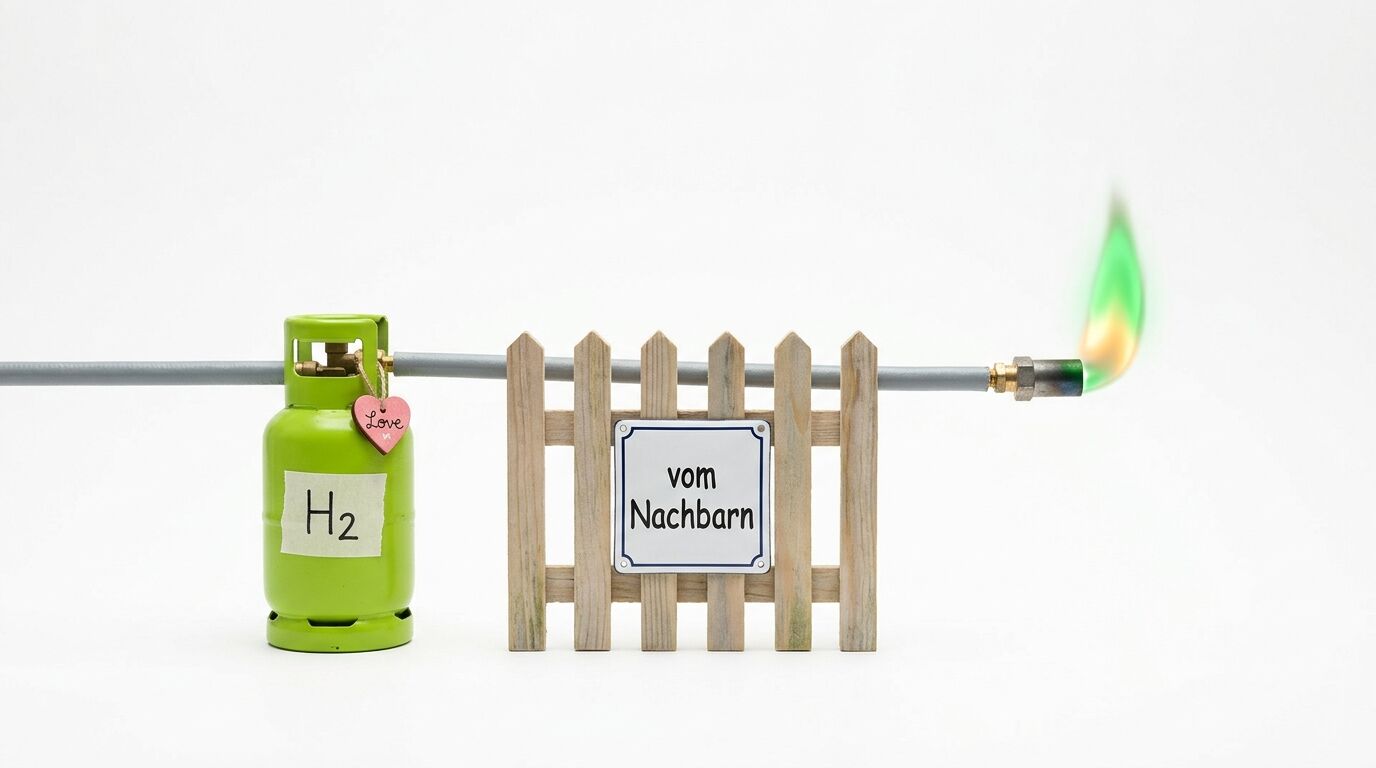 H2-Flasche, Zaun mit Schild „vom Nachbarn“, brennende Düse