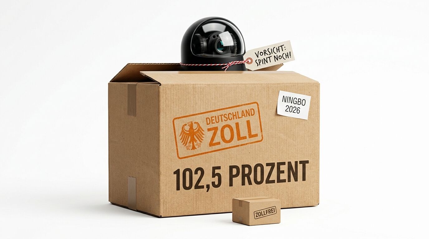 Karton mit Zollstempel und „102,5 PROZENT“, Überwachungskamera darin, Anhänger „SPINT NOCH!“