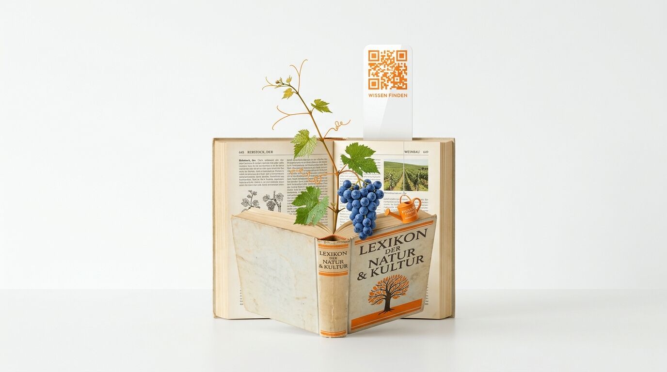 Offene Bücher mit Weintrauben, Ranken, Mini-Gießkanne und QR-Code-Lesezeichen auf Weiß