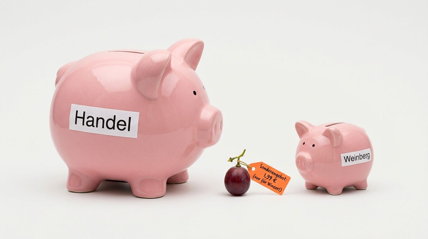 Zwei Sparschweine, „Handel“ und „Weinberg“, daneben eine Traube mit Preisschild