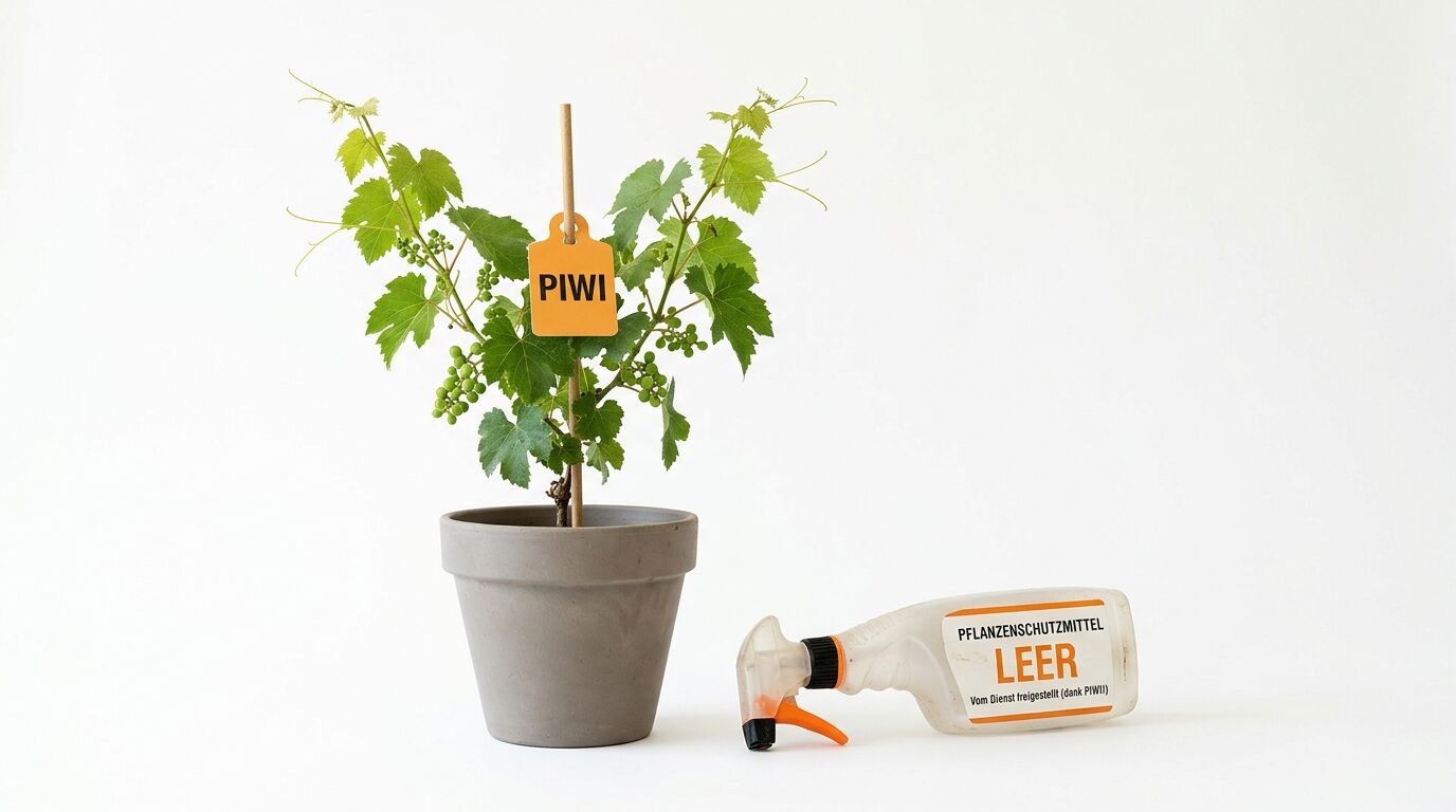 Ein Topfrebe mit PIWI-Schild und eine leere Sprühflasche