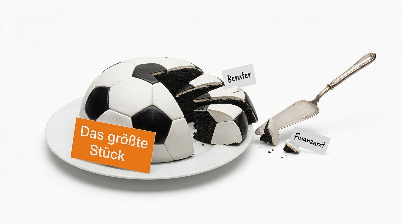 Fußballtorte mit Schildern „Das größte Stück“, „Berater“, „Finanzamt“ und Tortenheber