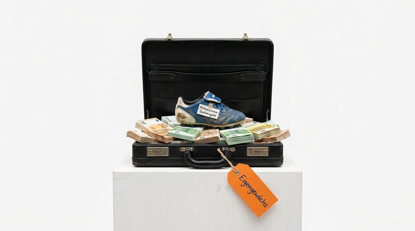 Ein offener Koffer voller Geld und ein Fußballschuh mit „Taschengeld“-Schild stehen auf einem Podest