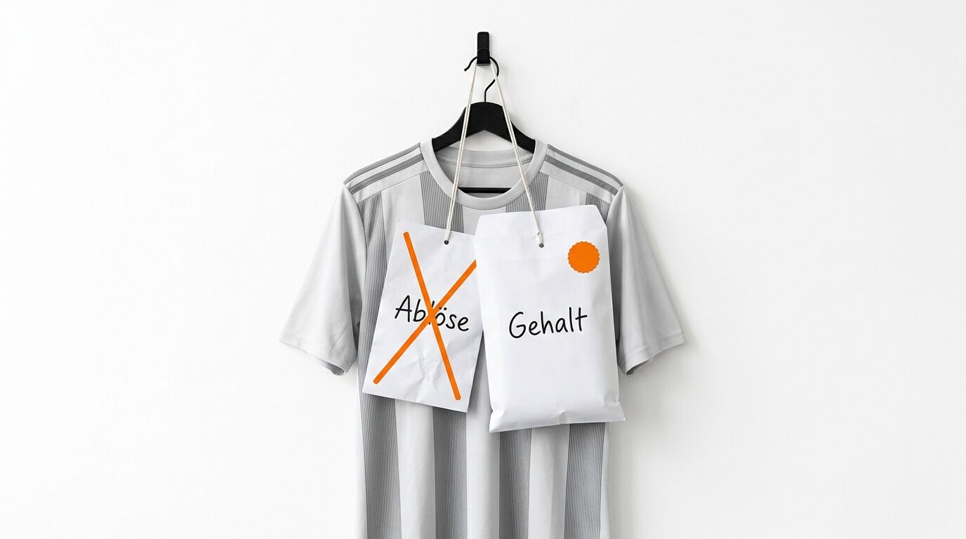 Gestreiftes Trikot mit zwei Umschlägen und der Beschriftung „Ablöse“ und „Gehalt“ auf einem Bügel