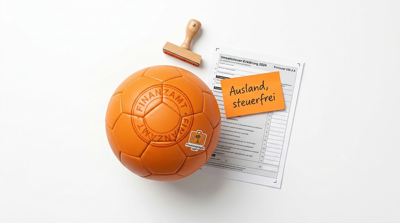 Ein oranger Fußball, ein Steuerformular, ein Notizzettel und ein Stempel auf weißem Grund