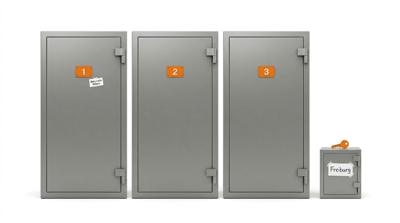 Drei nummerierte Safes und ein kleinerer, beschrifteter Safe mit Schlüssel daneben
