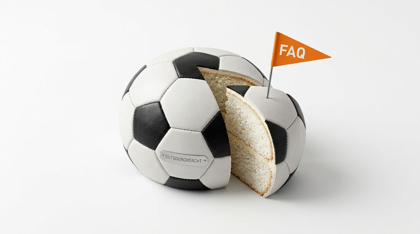 Aufgeschnittene Fußball-Torte mit FAQ-Fahne und Aufschrift GUTSDURCHDACHT