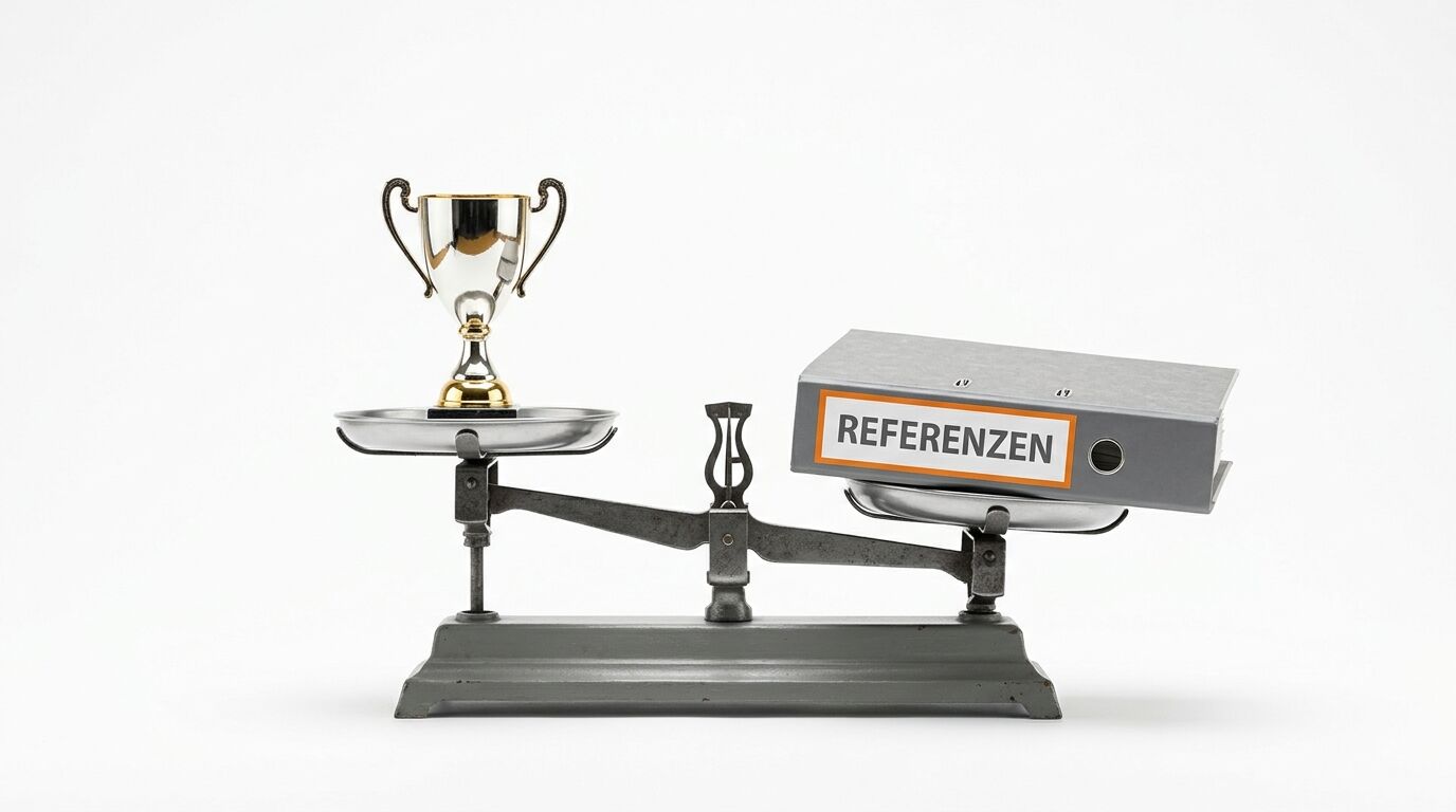 Eine Balkenwaage mit einer Trophäe auf der linken und einem Ordner "REFERENZEN" auf der rechten Seite