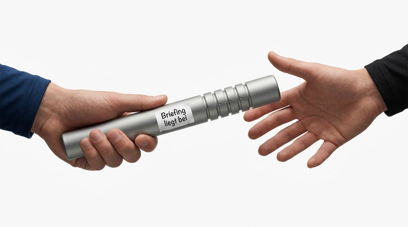 Zwei Hände übergeben einen silbernen Behälter mit der Aufschrift "Briefing liegt bei" vor weißem Hintergrund