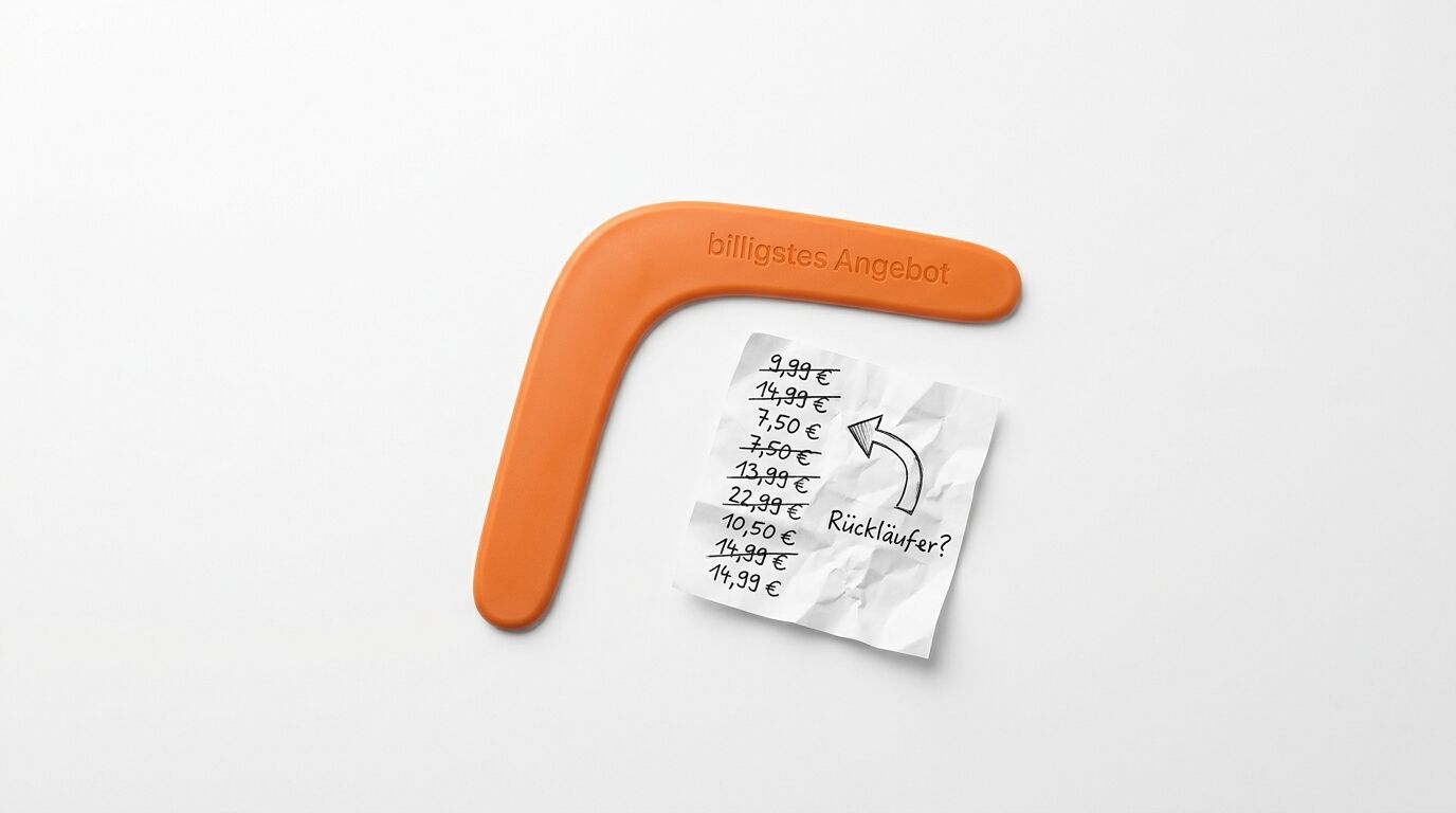 Orange gebogener Haken mit Text "billingstes Angebot" neben Preisliste und Frage "Rückläufer?"