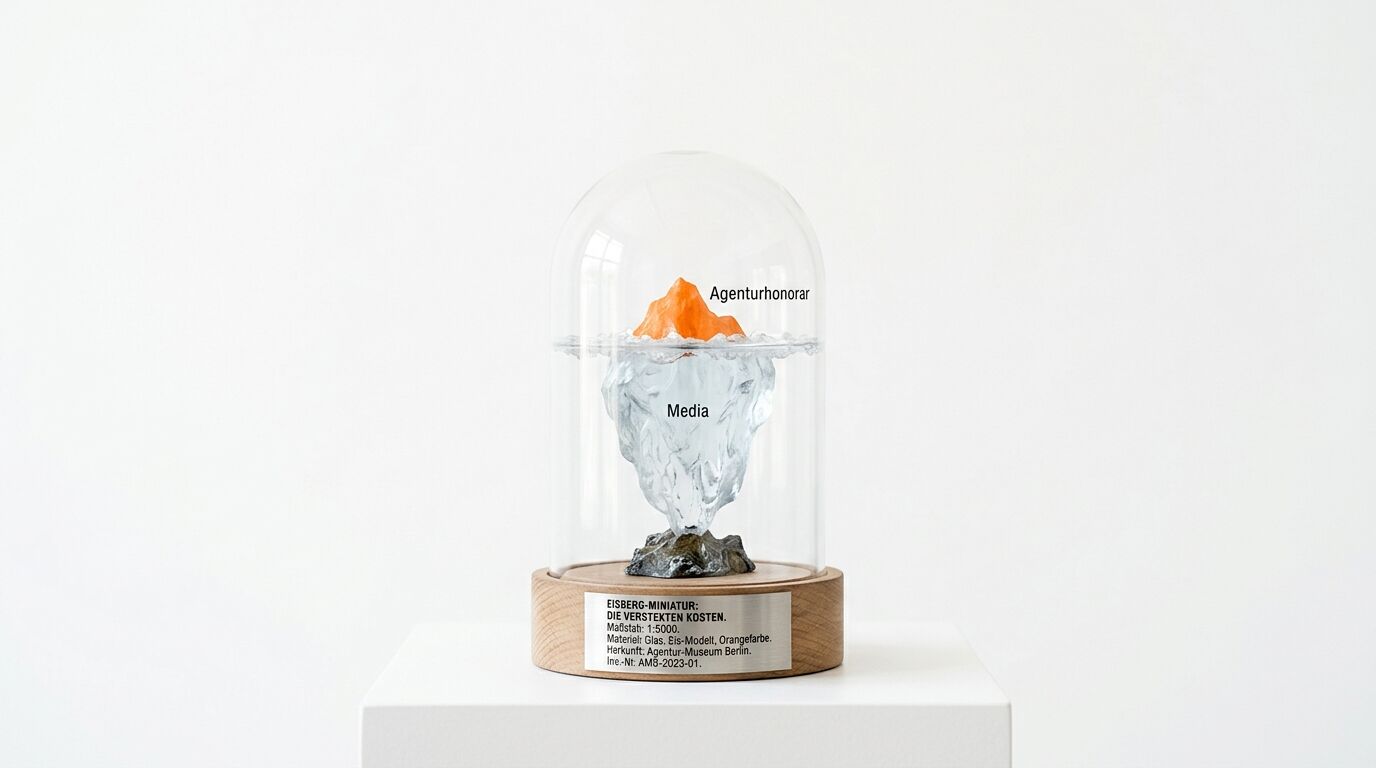 Glaskuppel mit Eisberg-Miniatur: orange Spitze (Agenturhonorar), weiße Masse (Media), dunkle Basis auf Holzstand mit Beschriftung