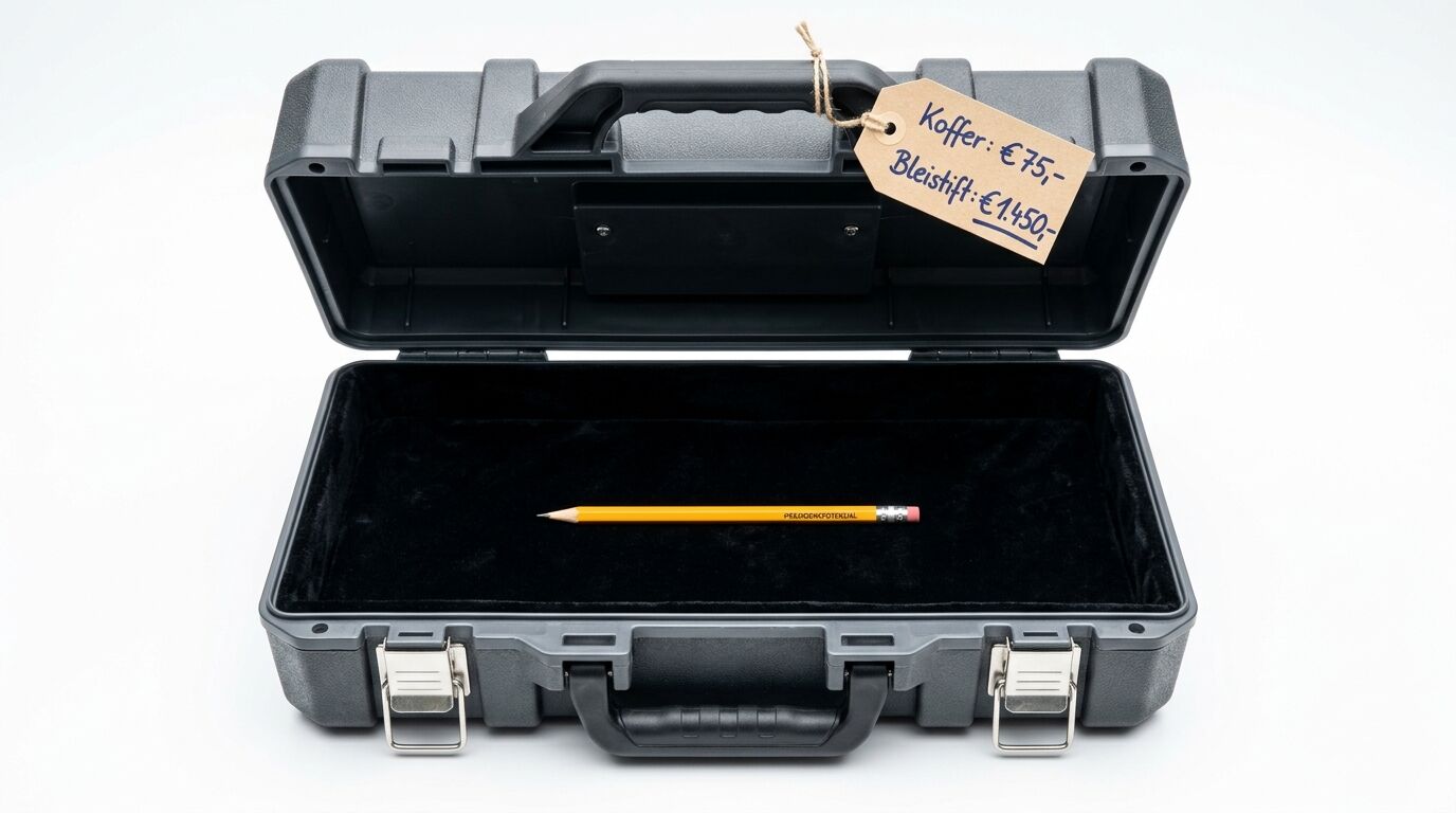 Offener Kunststoffkoffer mit gelbem Bleistift und Preisschild (Koffer: €75, Bleistift: €1450)