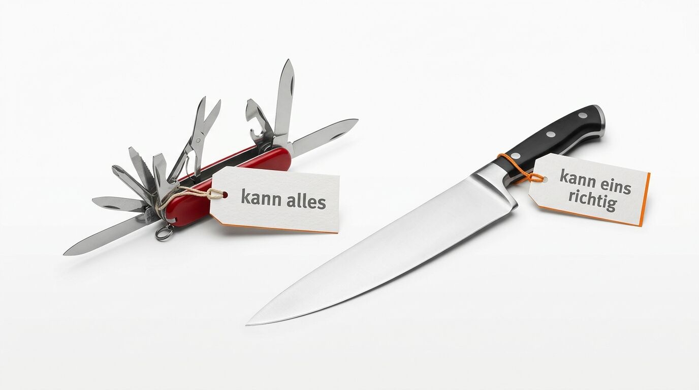 Ein Schweizer Messer mit dem Label "kann alles" und ein großes Küchenmesser mit dem Label "kann eins richtig"
