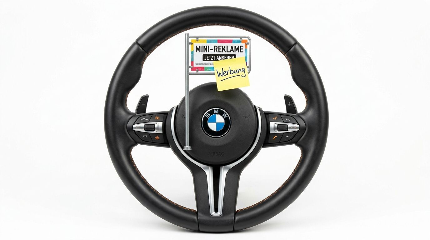 Ein BMW-Lenkrad mit einem kleinen Werbeaufsteller und einem Haftnotizblock, alles auf weißem Grund