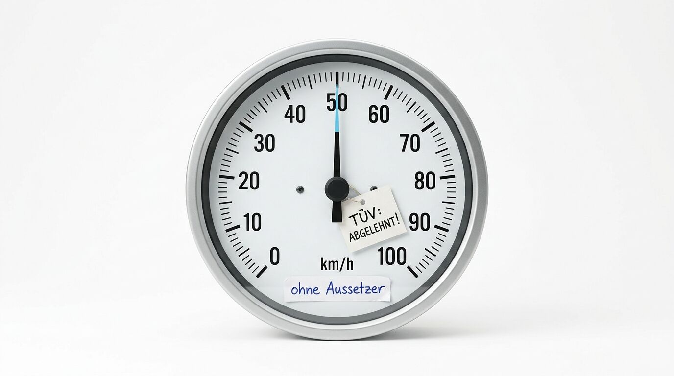 Ein Tachometer bei 50 km/h mit einem Schild „TÜV: Abgelehnt!“