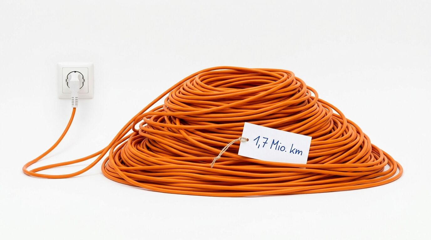 Aufgerolltes orangefarbenes Kabel mit Stecker in Steckdose und Anhänger 