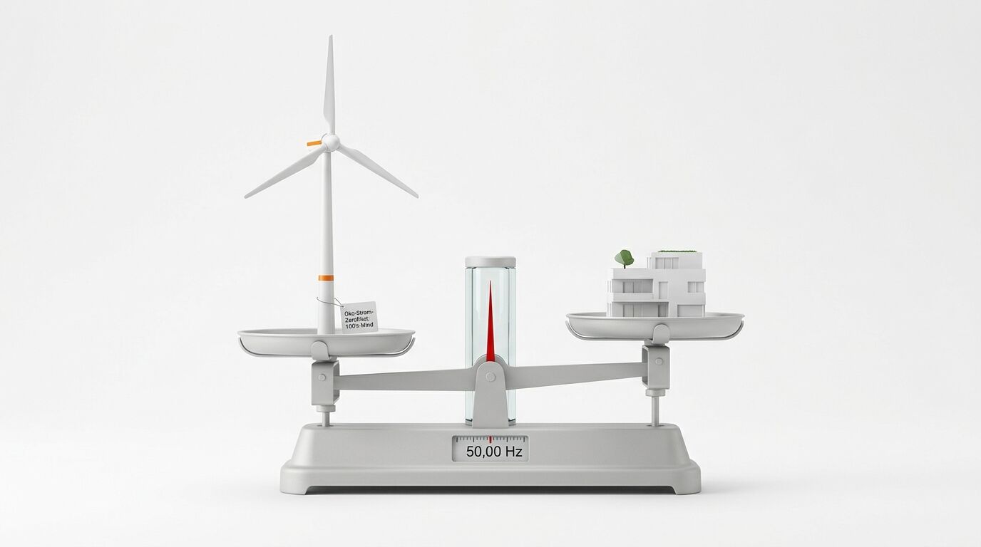 Eine Waage mit Windkraftanlage und Hausmodell vor weißem Hintergrund