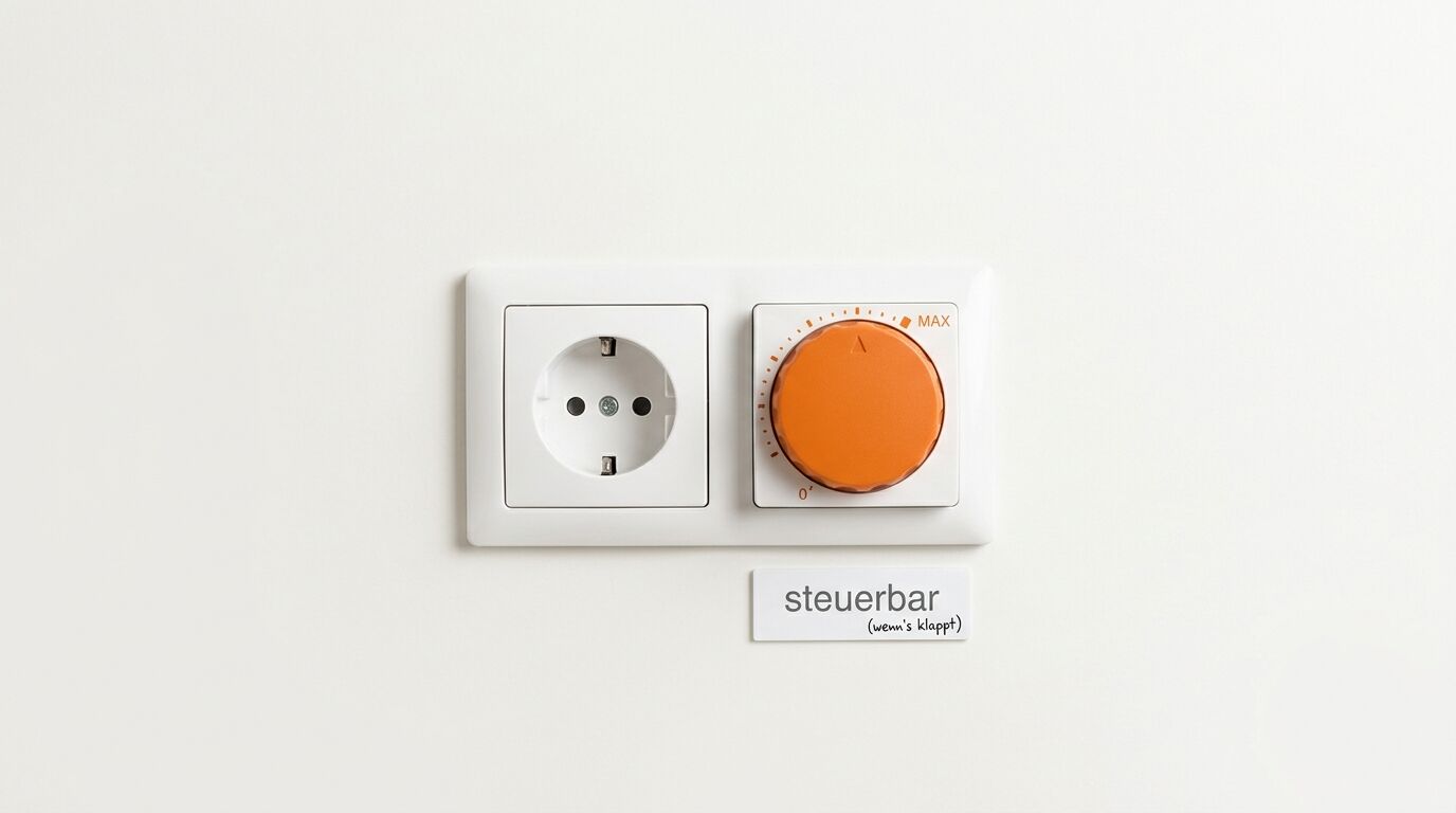 Kombination aus Steckdose und Dimmer mit orangefarbenem Drehknopf auf weißer Wand