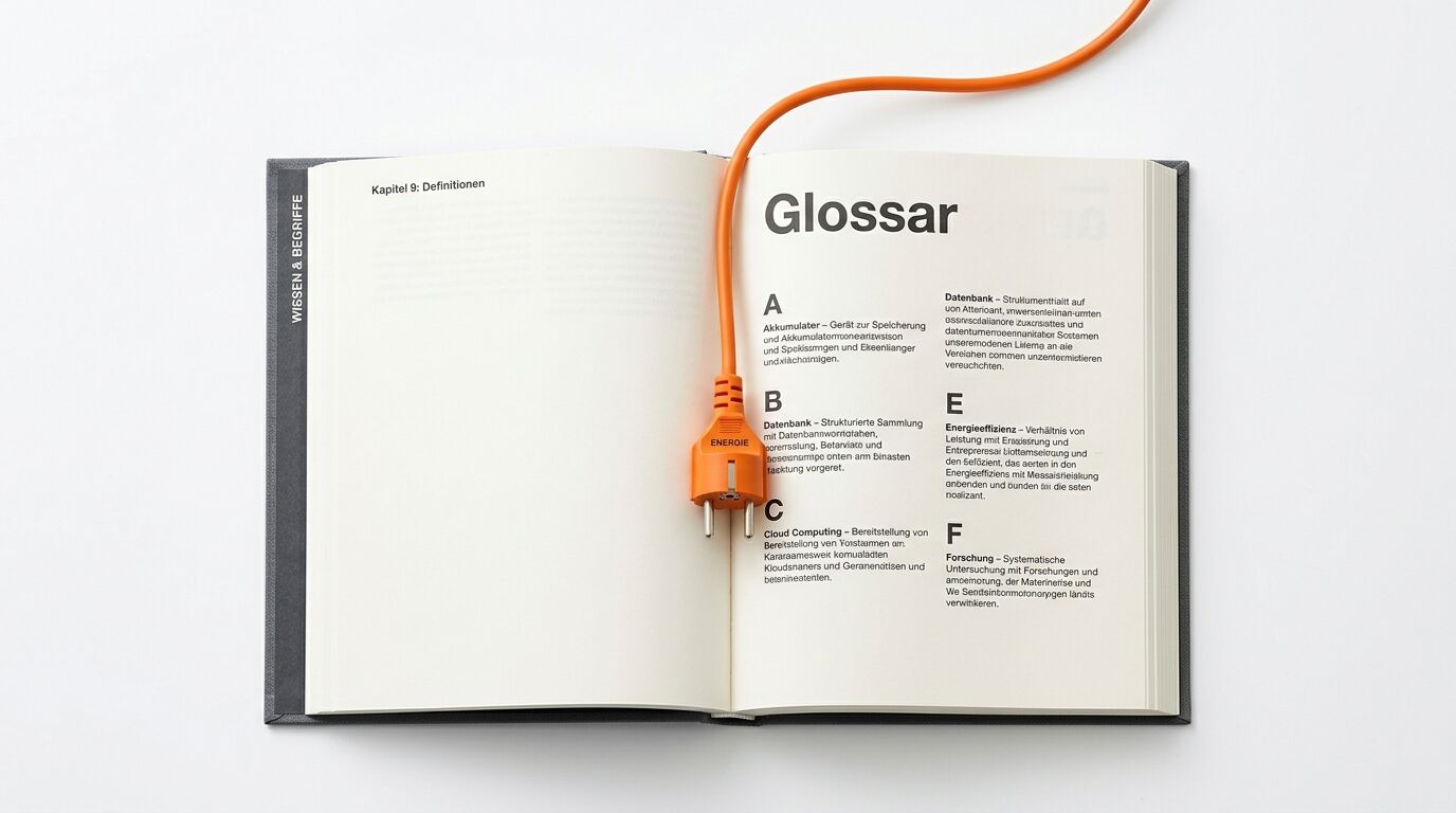 Geöffnetes Buch mit Glossar und orangefarbenem Stecker als Lesezeichen auf weißem Grund