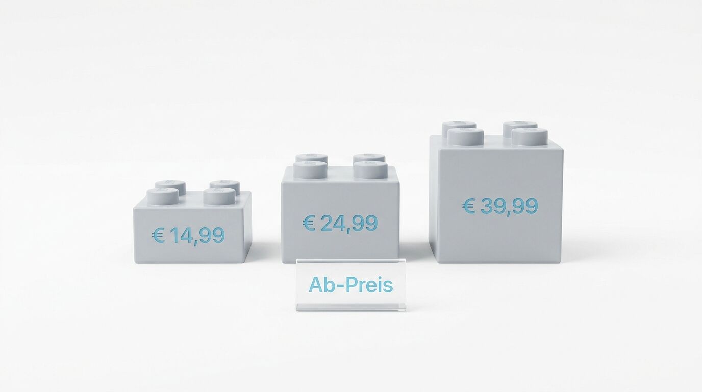 Drei graue Klemmbausteine mit steigenden Preisen und einem Schild „Ab-Preis“