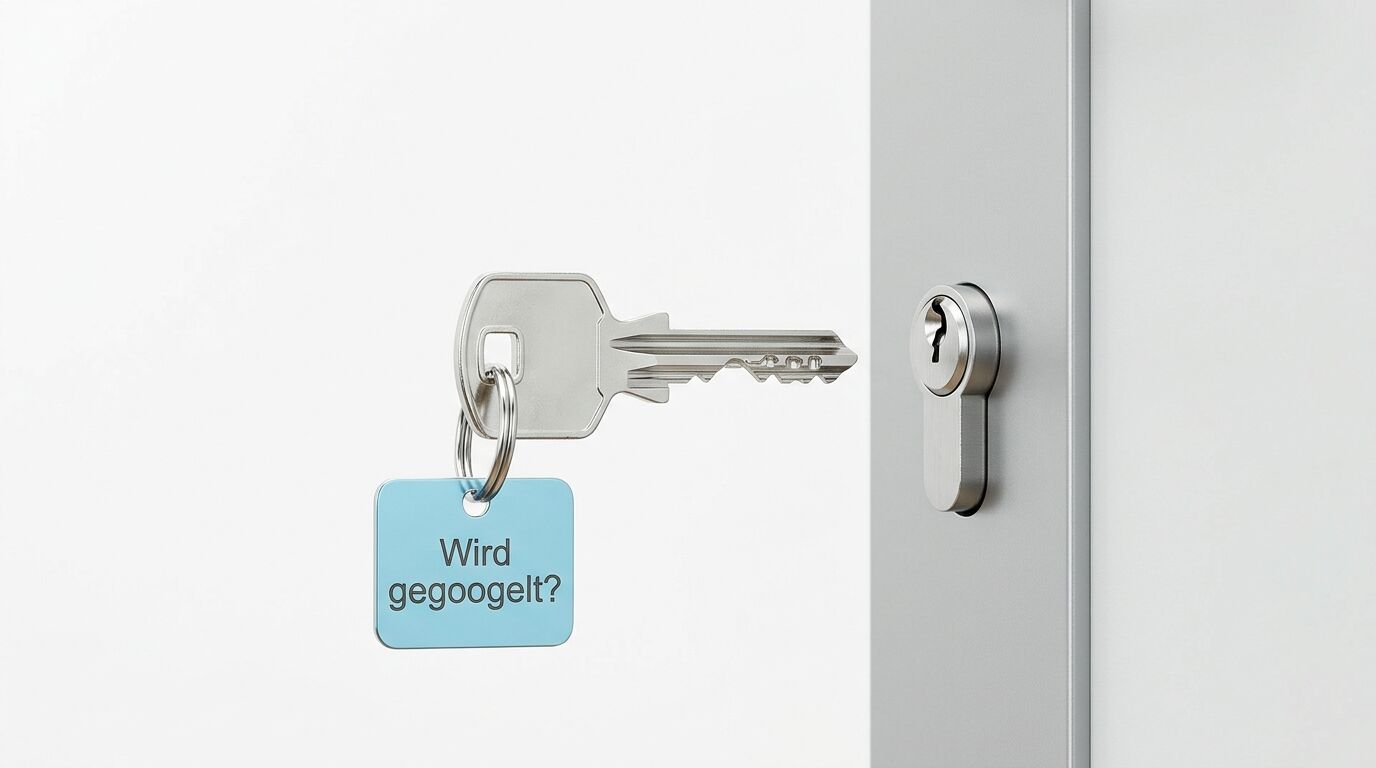 Schlüssel mit Anhänger „Wird gegoogelt?“ vor einem Schlüsselloch in einer Tür