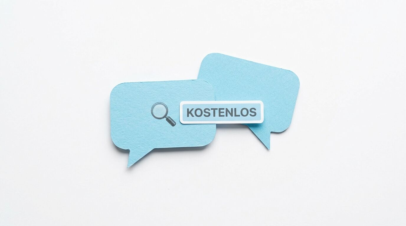 Zwei blaue Papiersprechblasen auf Weiß; eine mit Lupe, eine mit „KOSTENLOS“ auf Weiß