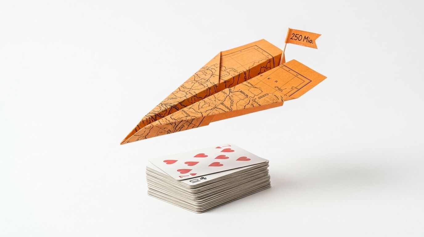 Ein Papierflieger aus einer Karte schwebt über einem Kartenspiel. Eine Fahne mit „250 Mio.“ ist daran