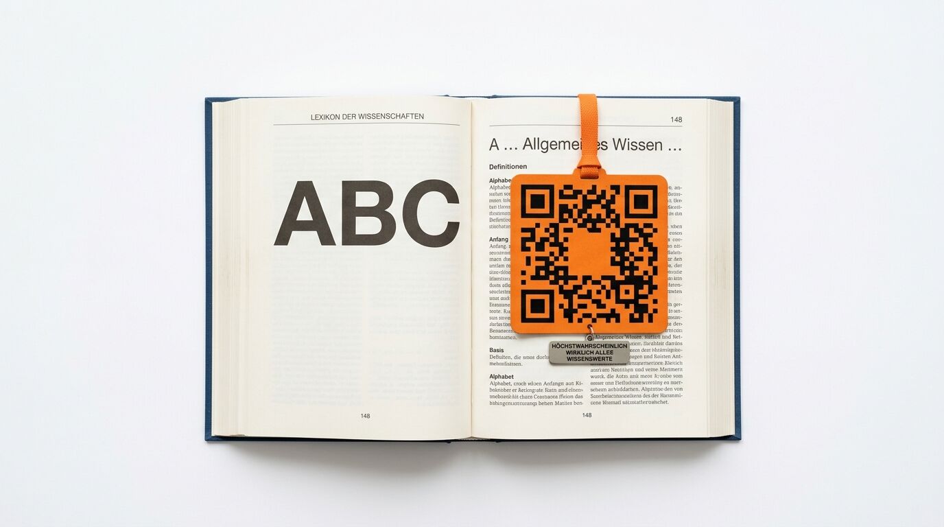 Aufgeschlagenes Buch mit Text und großem „ABC“, darauf orangefarbener QR-Code-Hänger