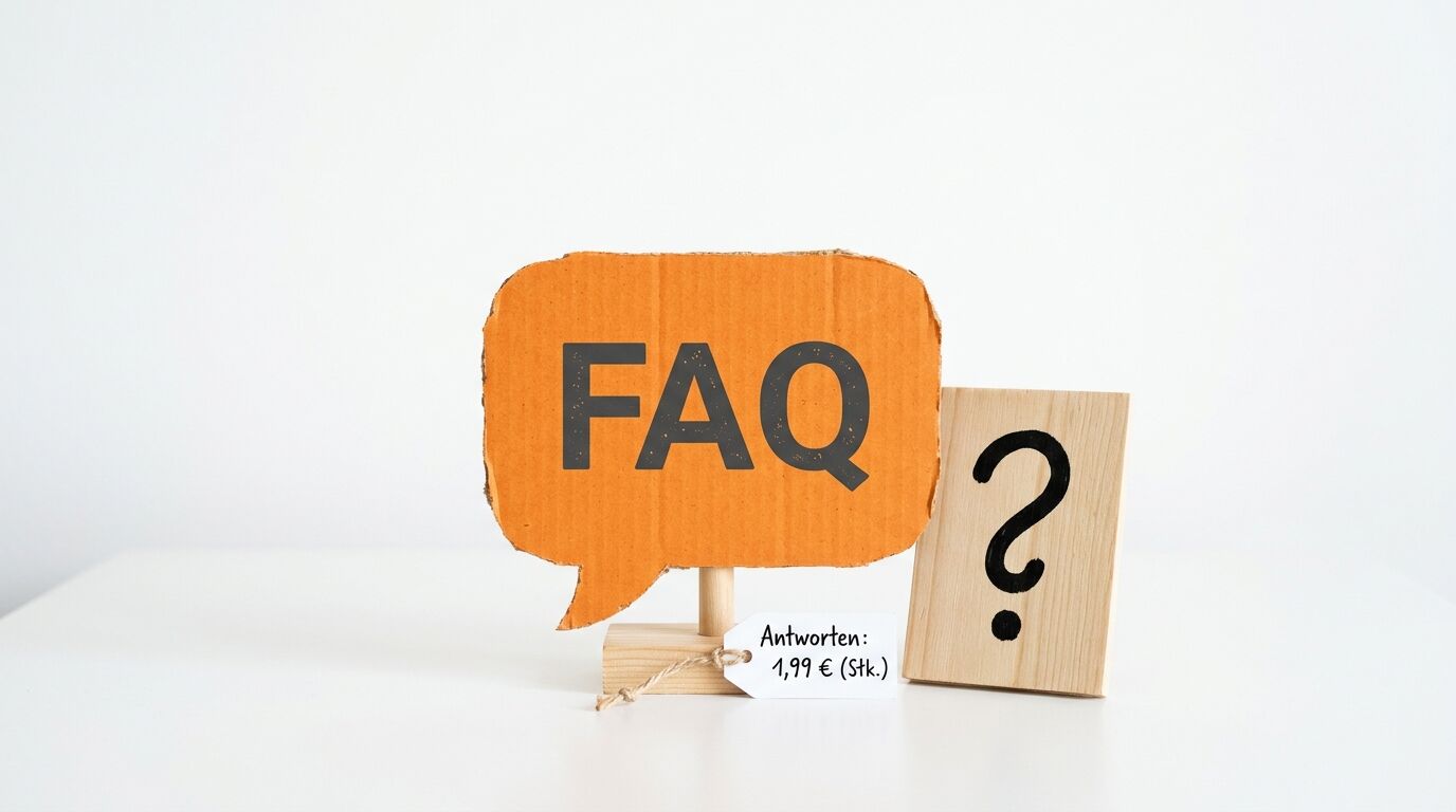 Ein Pappschild mit „FAQ“, ein Holzbrettchen mit Fragezeichen und ein Preisschild „Antworten: 1,99 €“