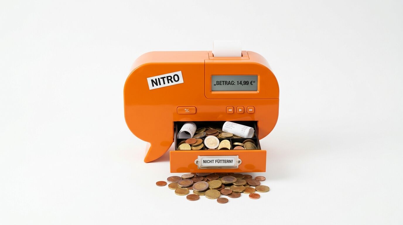 Orangefarbene Kasse in Sprechblasenform mit Münzschublade und Euro-Münzen auf weißem Grund