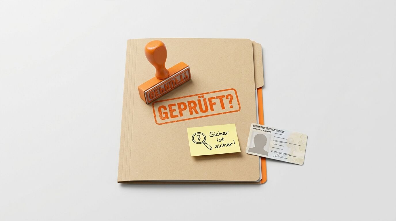 Draufsicht einer beigen Akte mit Stempel „GEPRÜFT?“, Notizzettel und Ausweis auf grauem Grund
