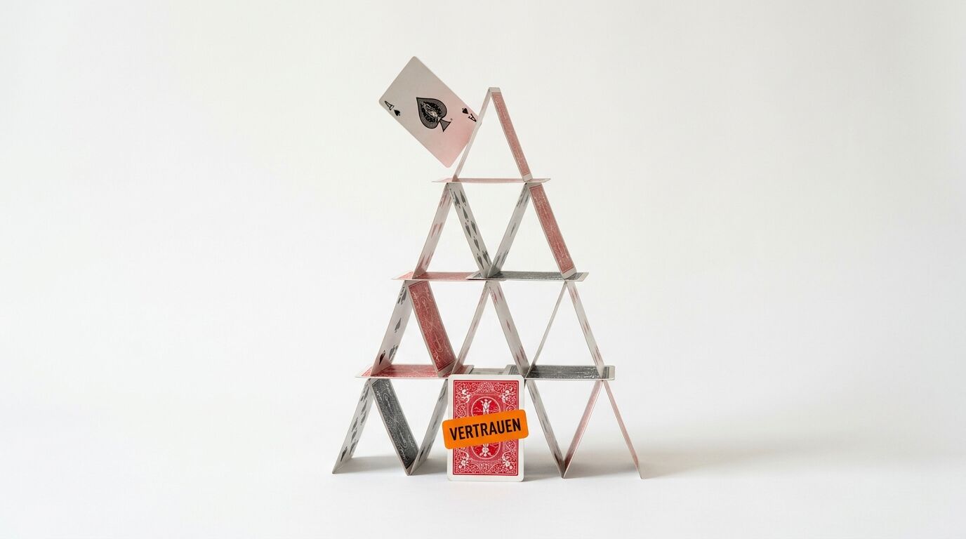 Ein instabiles Kartenhaus mit einem orangeroten Aufkleber „VERTRAUEN“ davor auf weißem Grund