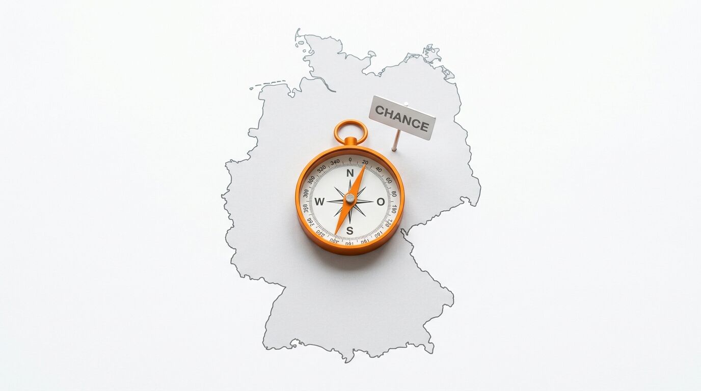 Kompass und Hinweisschild „CHANCE“ auf einer hellgrauen Deutschlandkarte