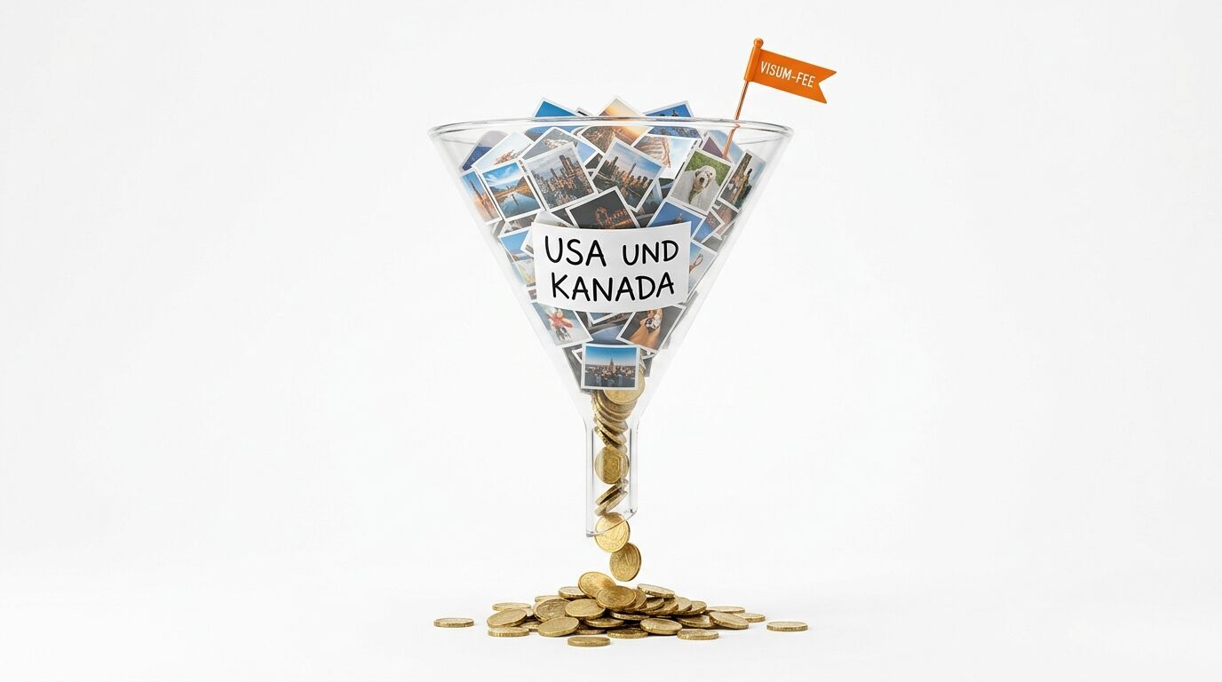 Trichter wandelt USA-Kanada-Fotos in Goldmünzen um, daneben eine „VISUM-FEE“-Fahne