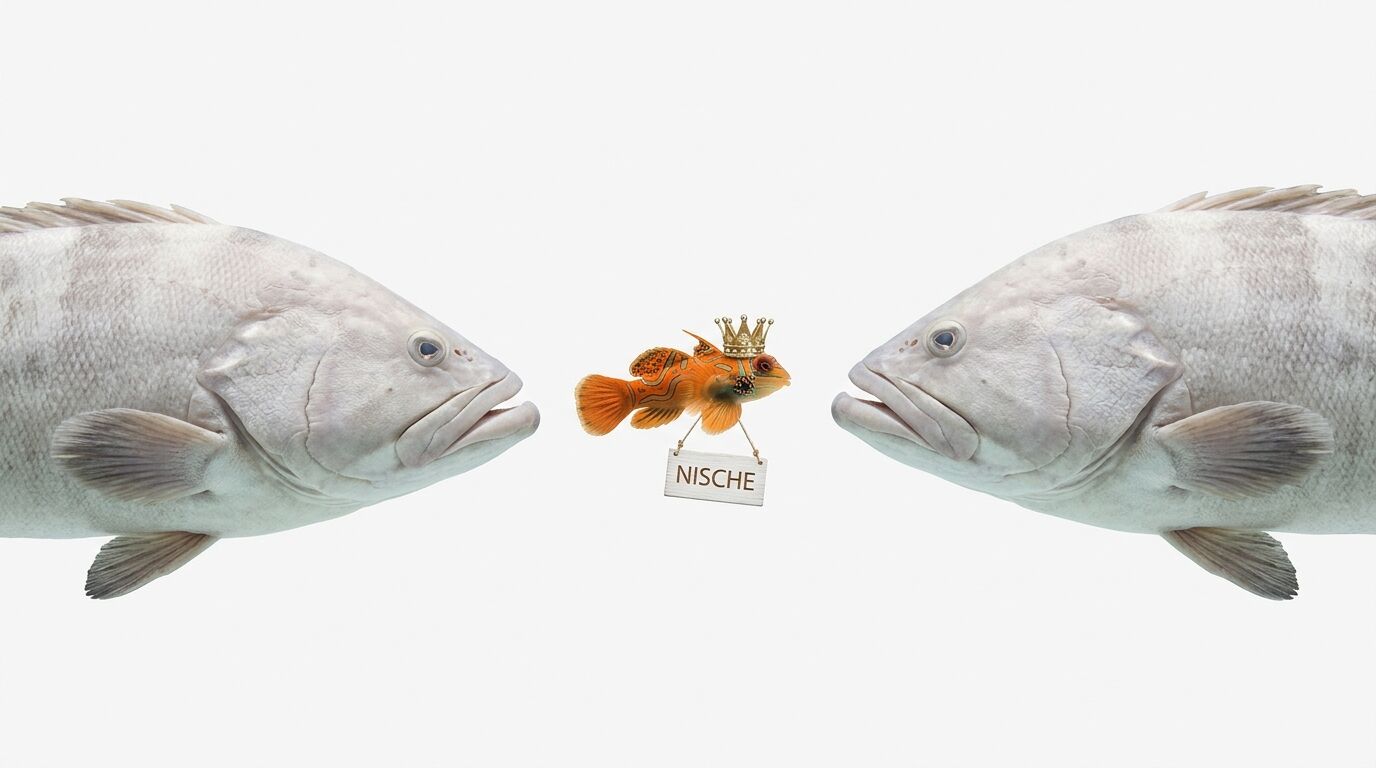 Zwei große Fische blicken auf kleinen Fisch mit Krone und Schild