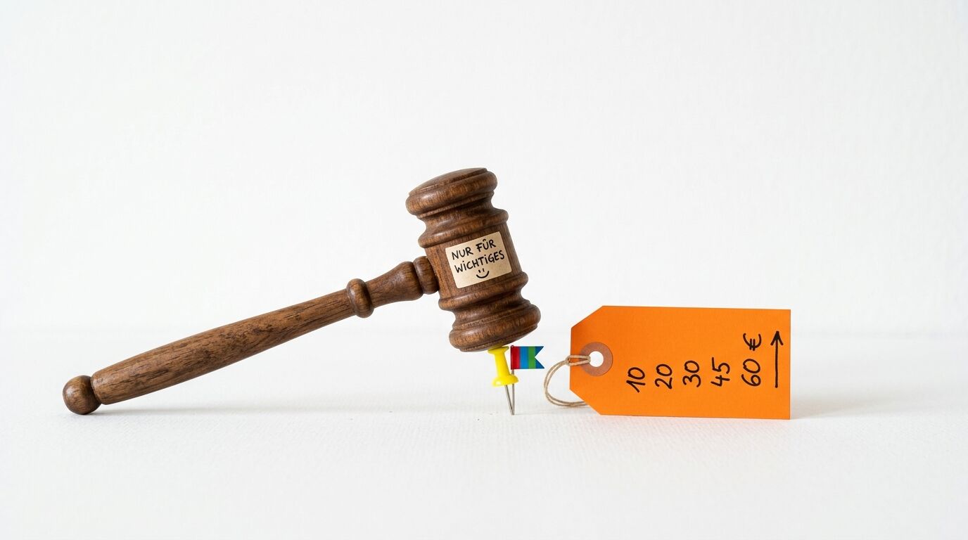 Ein Hammer mit der Aufschrift „Nur für Wichtiges“ steht auf einem Preis-Tag