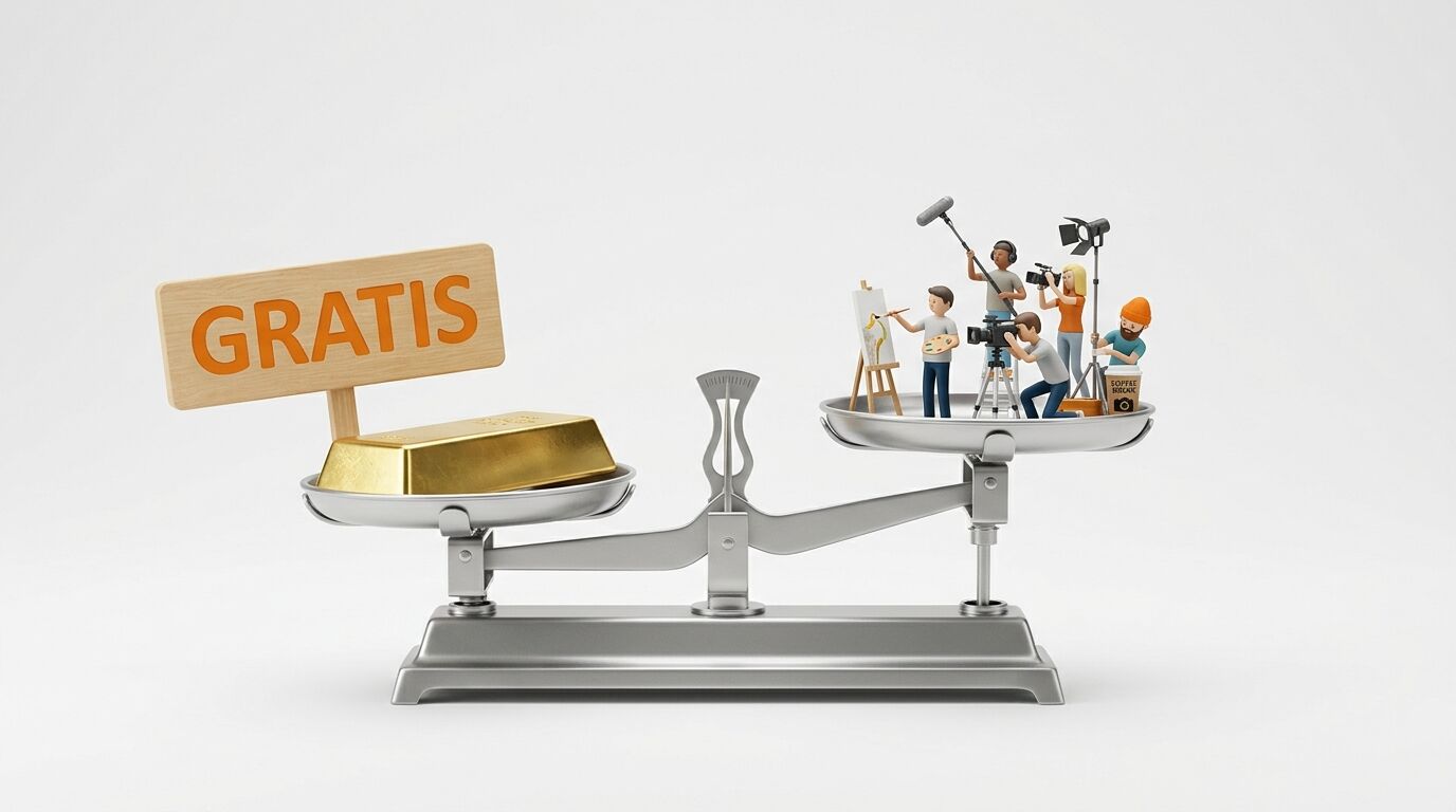 Waage mit Goldbarren und „GRATIS“-Schild links, Filmcrew-Figuren rechts, alles in Balance