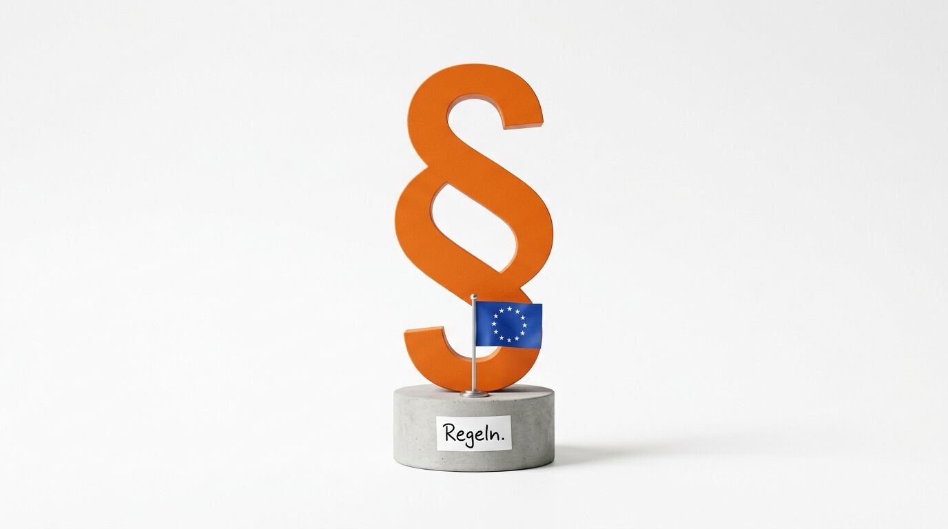 Großes oranges Paragrafenzeichen mit EU-Fahne auf Betonsockel mit Zettel „Regeln.“