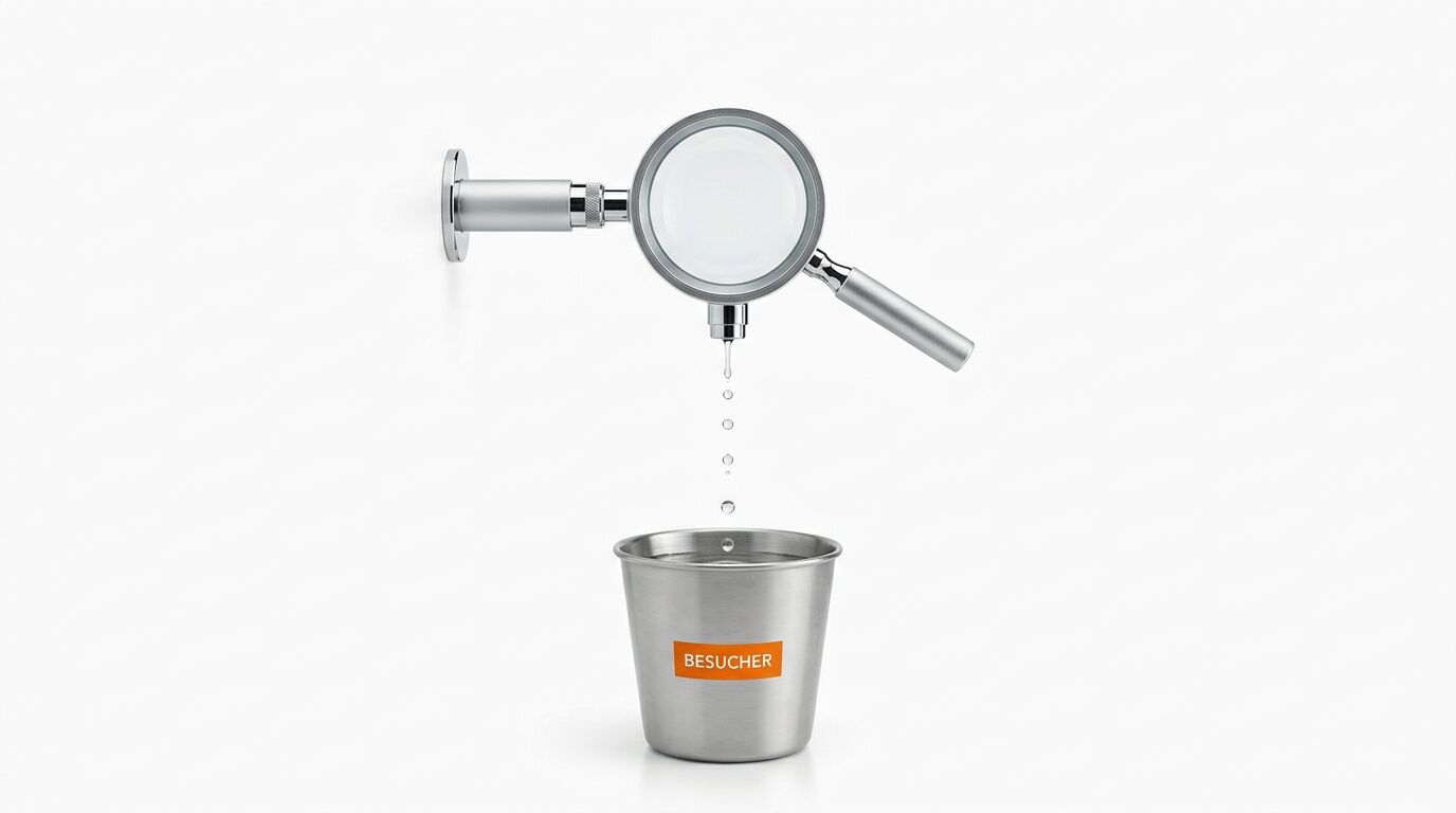 Eine Lupe an der Wand tropft Wasser in einen Becher mit der Aufschrift „BESUCHER“
