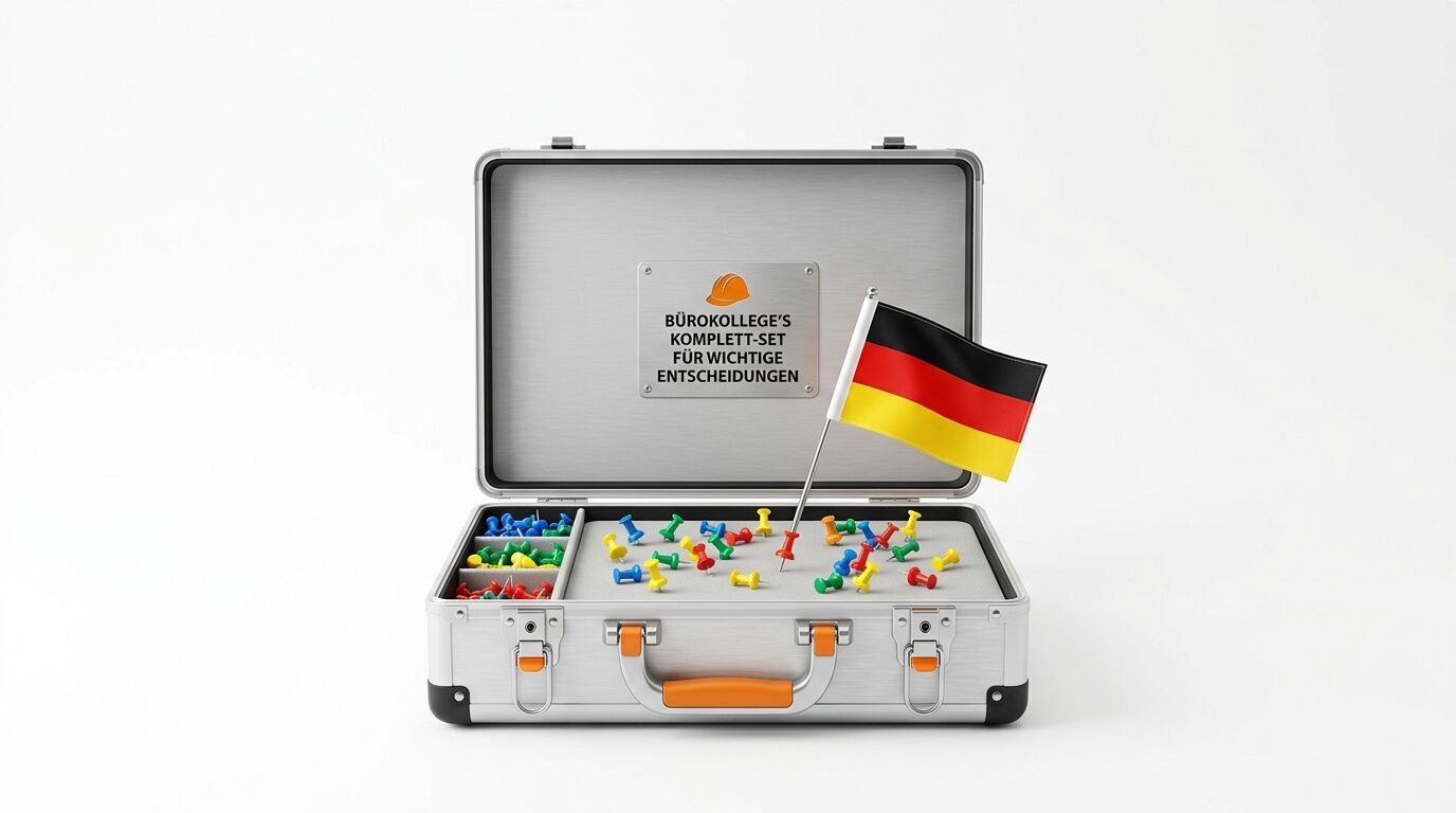 Silberner Koffer, offen, mit bunten Pins, Deutschland-Fahne und Gravur-Schild